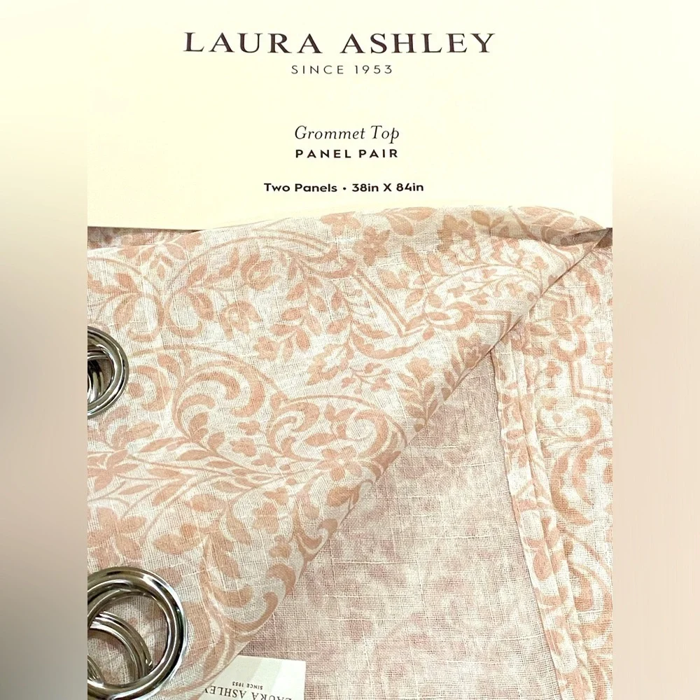 Laura Ashley Grommet Top Taupe White Floral Sheer Curtain Panel Pair 38